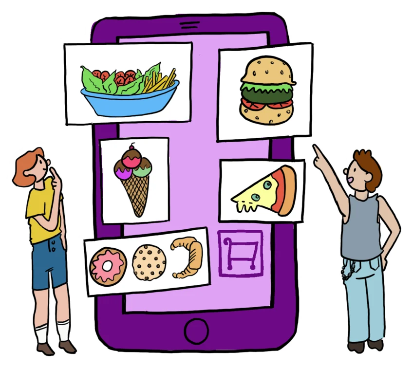 Dibujo de dos personas eligiendo comida en la app V-Go